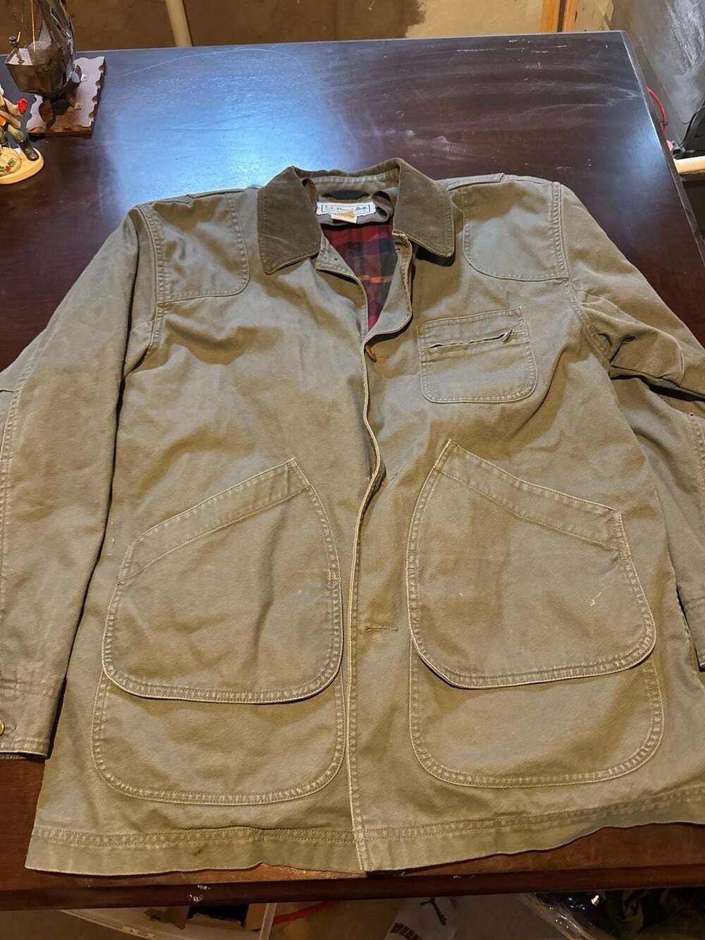 Vintage L.L.Bean Canvas Field Chore Barn Jacket Plaid Flannel Lined Green Mens L